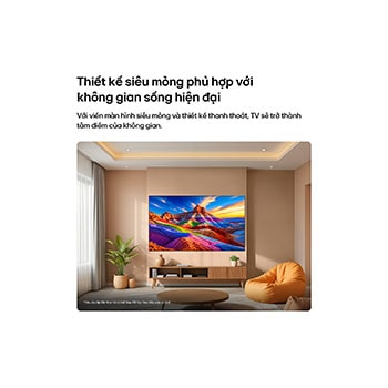 LG OLED AI B6 is wall-mounted in a styled living space, featuring an ultra-slim design with narrow bezels, and it displays a rainbow-toned landscape with layered mountain forms on screen.